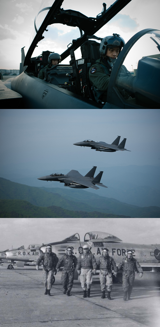  (위)F-15K에 탑승한 정지훈과 이종석, (중)하늘을 나는 F-15K, (하)<빨간 마후라>에 등장했던 F-86 세이버(Saber)